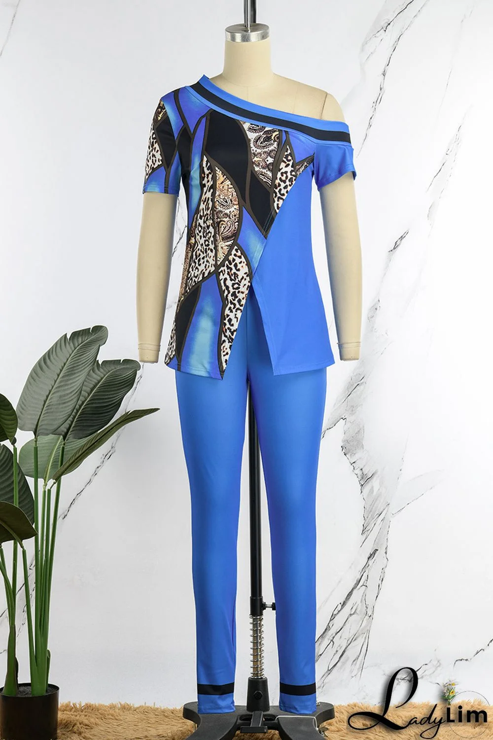 Red Casual Print Patchwork Slit Asymmetrical Oblique Collar Short Sleeve Two Pieces