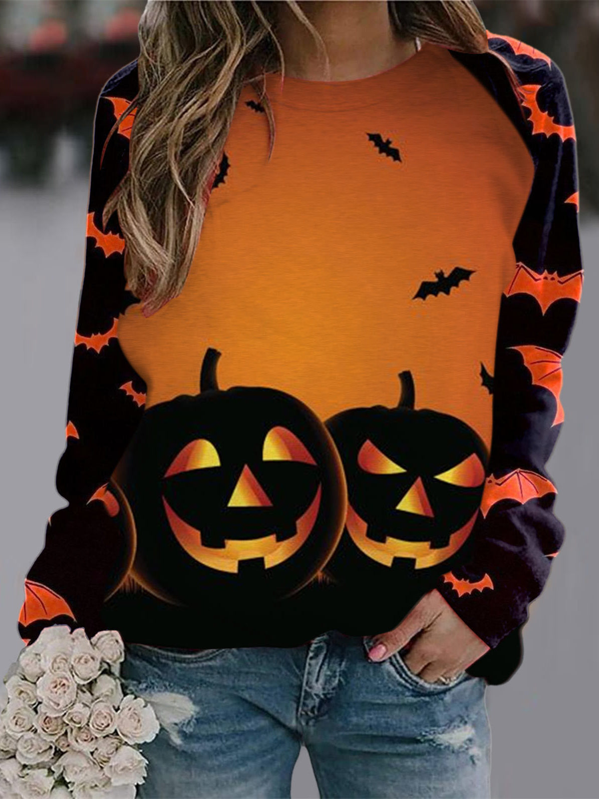 Women Long Sleeve V-neck Graphic Floral Printed Top