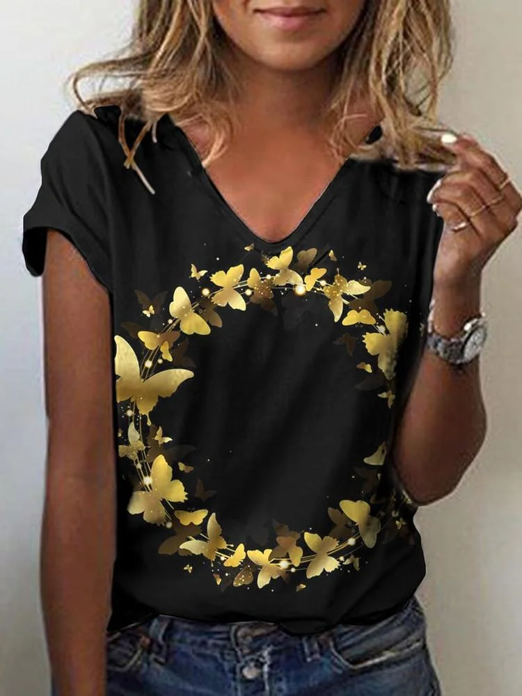 Women Short Sleeve V-neck Printed Sequins Top