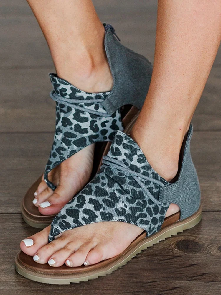 Black Leopard Flat Casual Back Zip Sandals