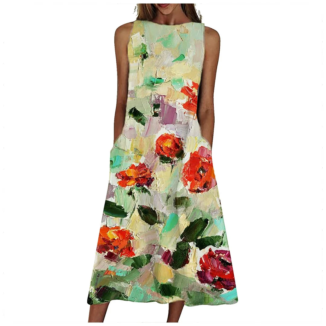 Flower Print Dress Women Elegant Sleeveless Pocket O-neck Retro Long Dress Robe Boheme Femme Maxi Dresses For Women Party