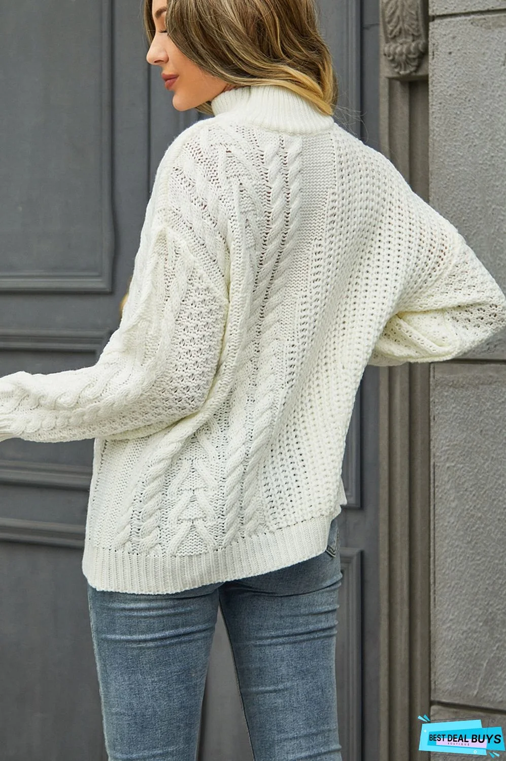 Cable-Knit Turtle Neck Long Sleeve Sweater