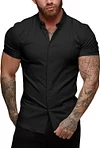 URRU Men's Muscle Dress Shirts Slim Fit Stretch Short Sleeve Casual Button Down Shirts for Men