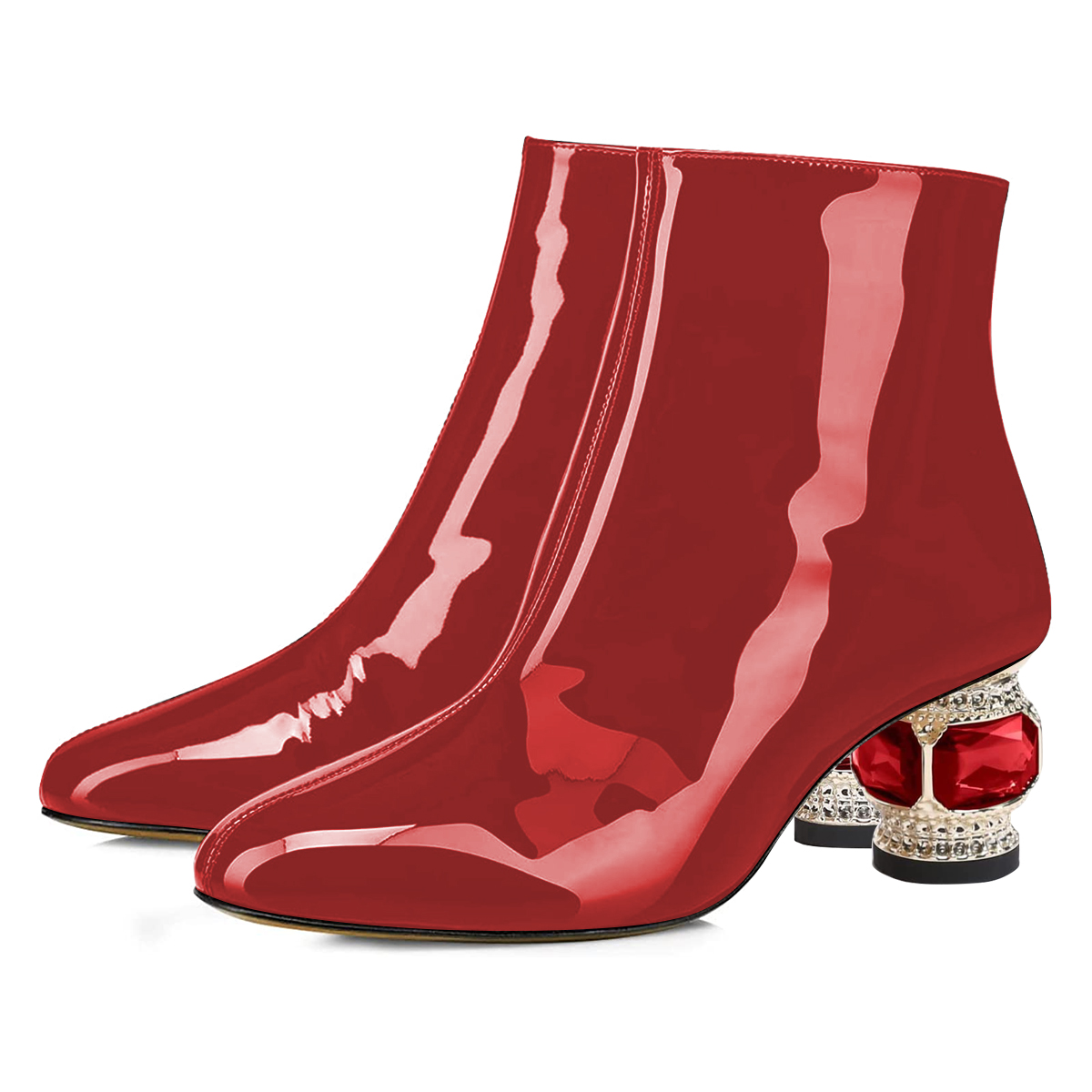 Red Pointed Toe Decorative Heel Side-Zip Closure Ankle Boots Nicepairs
