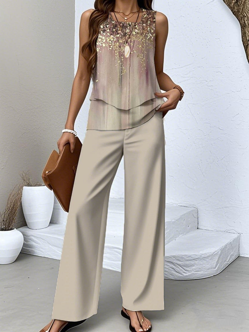 Women's Sleeveless Square Collar Graphic Printed Casual Set