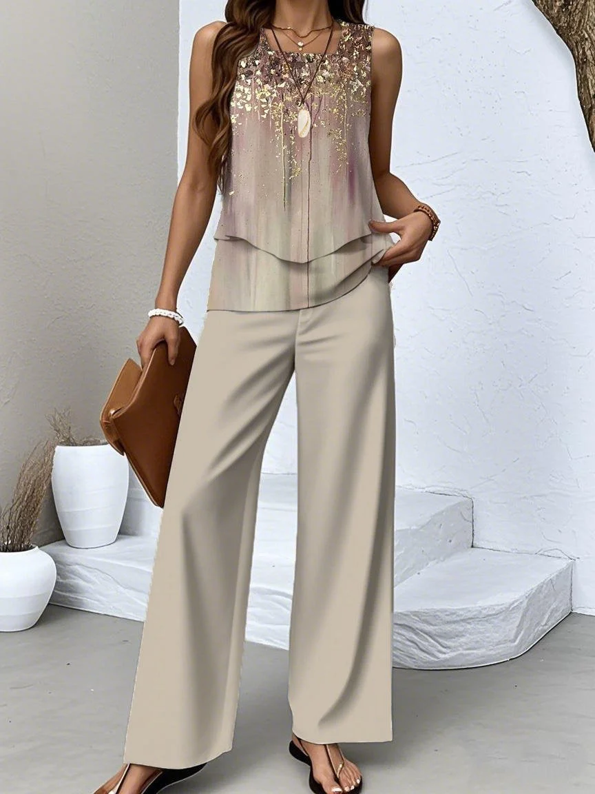 Women's Sleeveless Square Collar Graphic Printed Casual Set