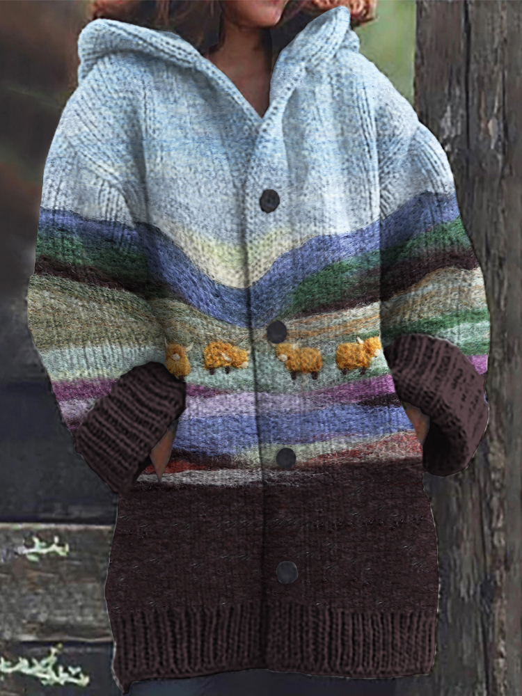 Highland Cows Mountains Landscape Felt Art Cozy Hooded Cardigan wearshes