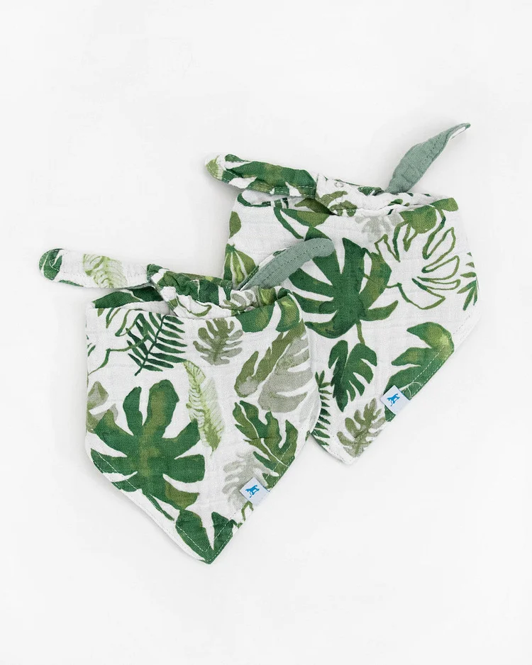 Cotton Muslin Reversible Bandana Bib 2 Pack - Tropical Leaf