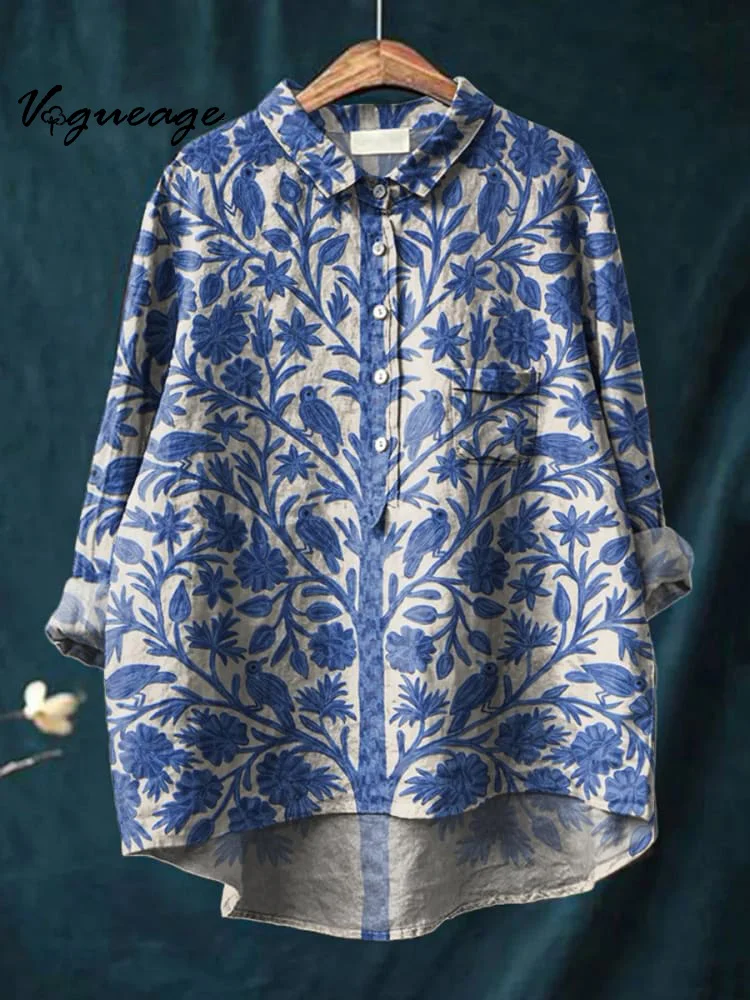 Elegant Ink Painting Of Flowers And Birds Printed Cotton And Linen Shirt
