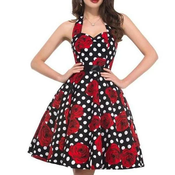 Sexy Halter Party Dress Retro Polka Dot Vintage Dresses Elegant Midi Dress