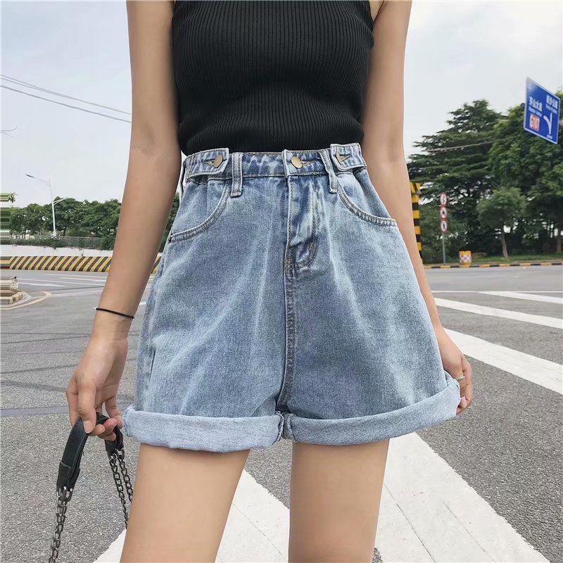 FTLZZ Summer Vintage Women High Waist Button Blue Denim Shorts Casual Female Solid Color Wide Leg Loose Gray Jeans Shorts
