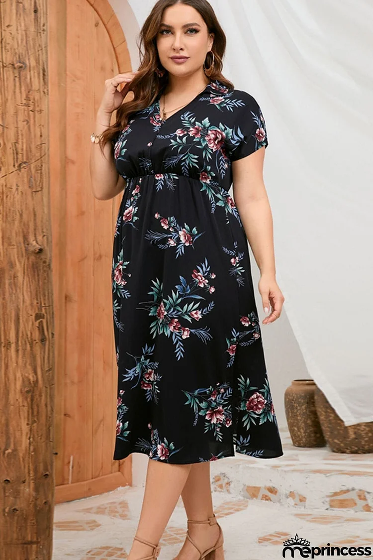 Plus Size Floral Johnny Collar Short Sleeve Dress