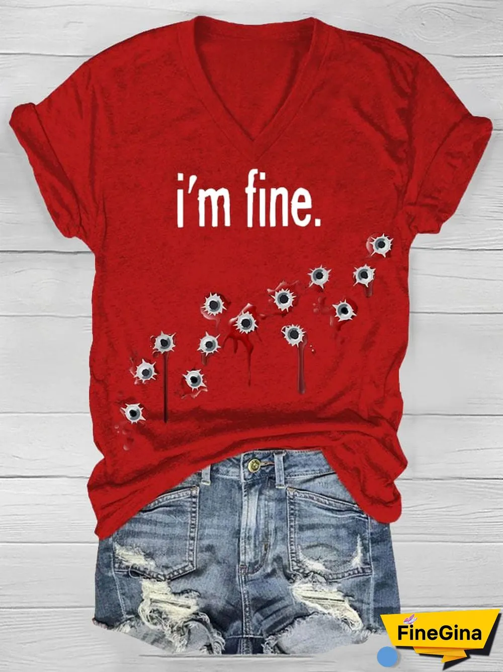 Halloween I'm Fine Bloody Print T-Shirt
