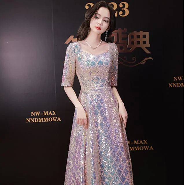 Iridescent Dress Neck Maxi A-Line Scoop Elbow-Sleeve