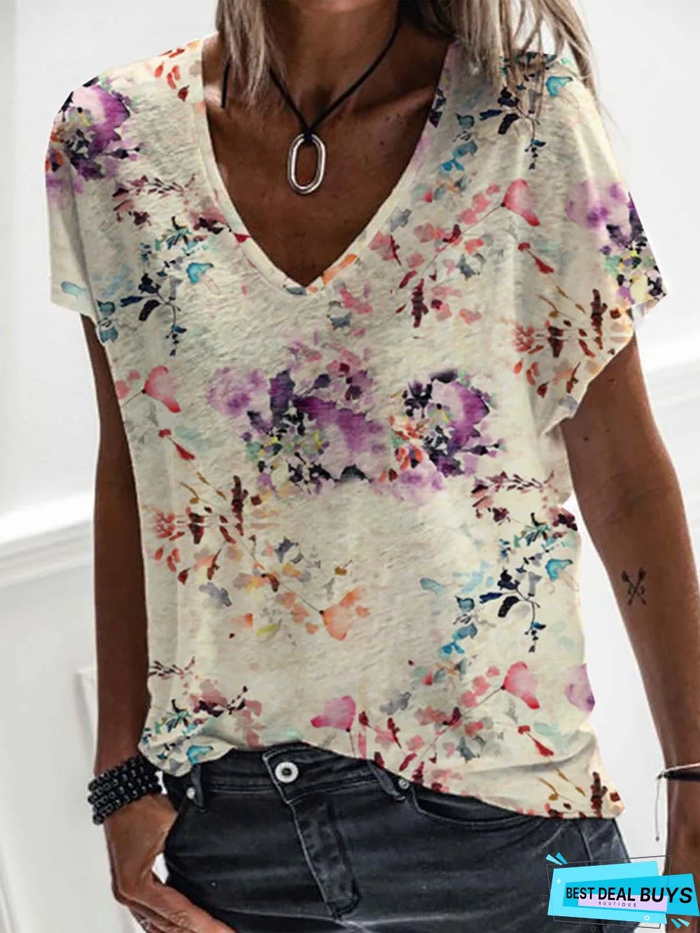 Jersey Loose V Neck Floral T-shirt