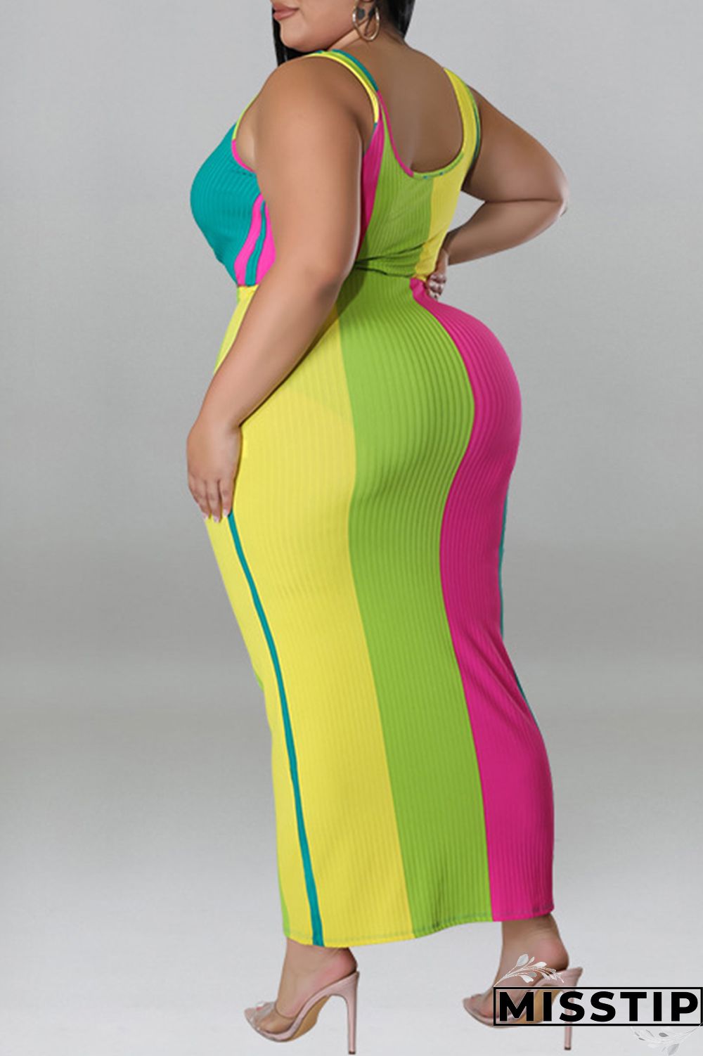 Blue Fashion Casual Striped Print Patchwork Contrast U Neck Plus Size Two Piece Set