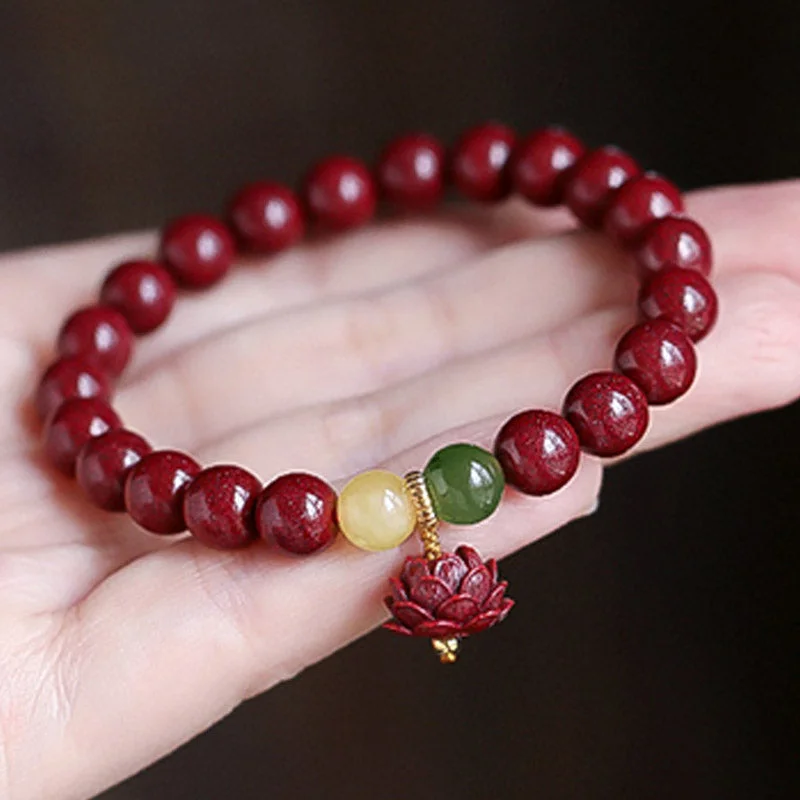 Natural Cinnabar Lotus Luck Blessing Charm Bracelet