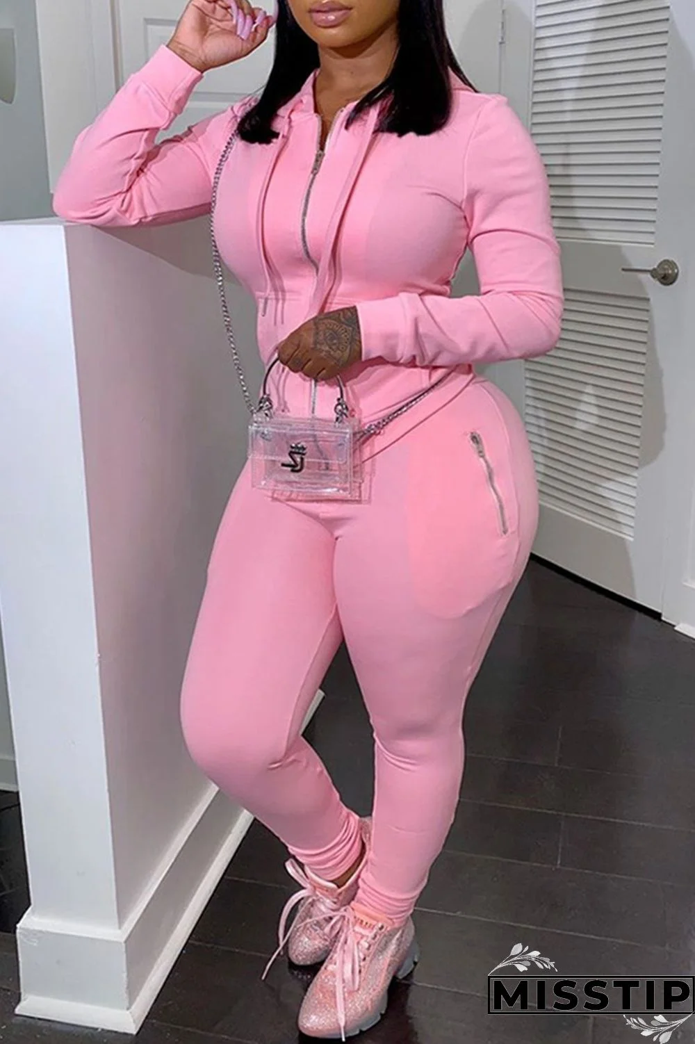Pink Fashion Casual Solid Basic Hooded Collar Plus Size Two Pieces