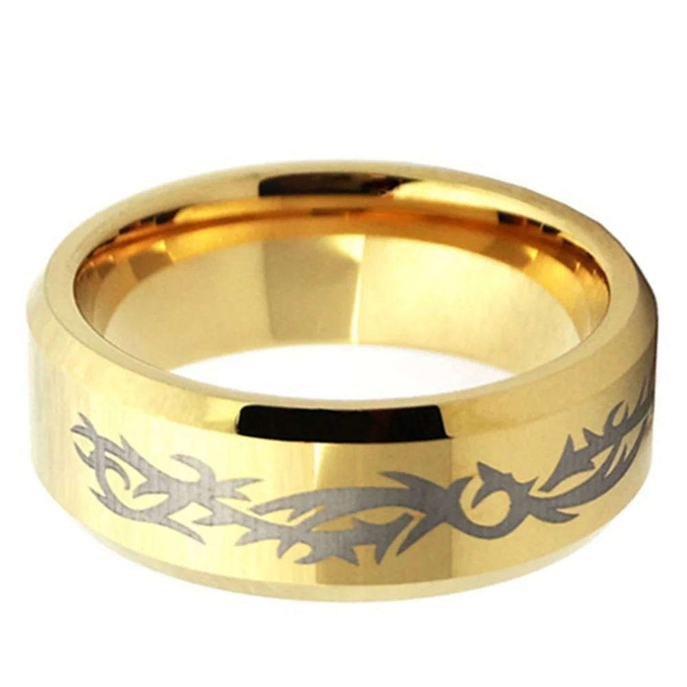 Creative Laser Pattern Gold Tungsten Carbide Wedding Band Ring 8MM
