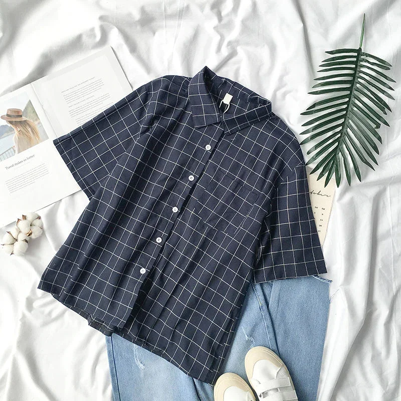 Abebey-Graduation gift, dressing for the Coachella Valley Music Festival,Short Sleeve Color Block Plaid Shirt