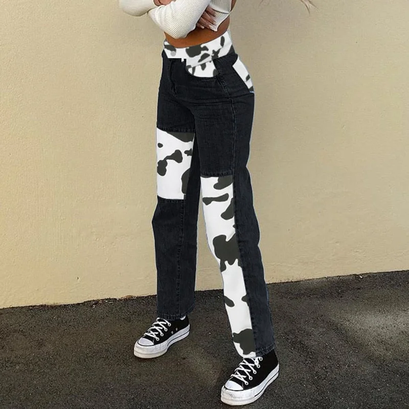 HEYounGIRL Patchwork Cow Print Jeans Women Casual High Waisted Pants Capris Harajuku 90s Black Long Trousers Ladies Street