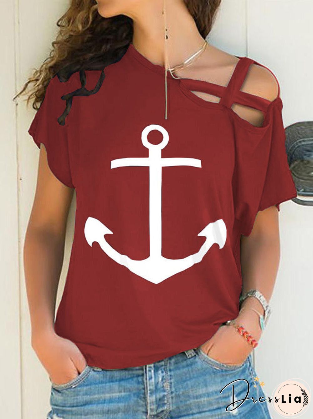Women'S T-Shirts Printed Asymmetric Strap Short Sleeve T-Shirt