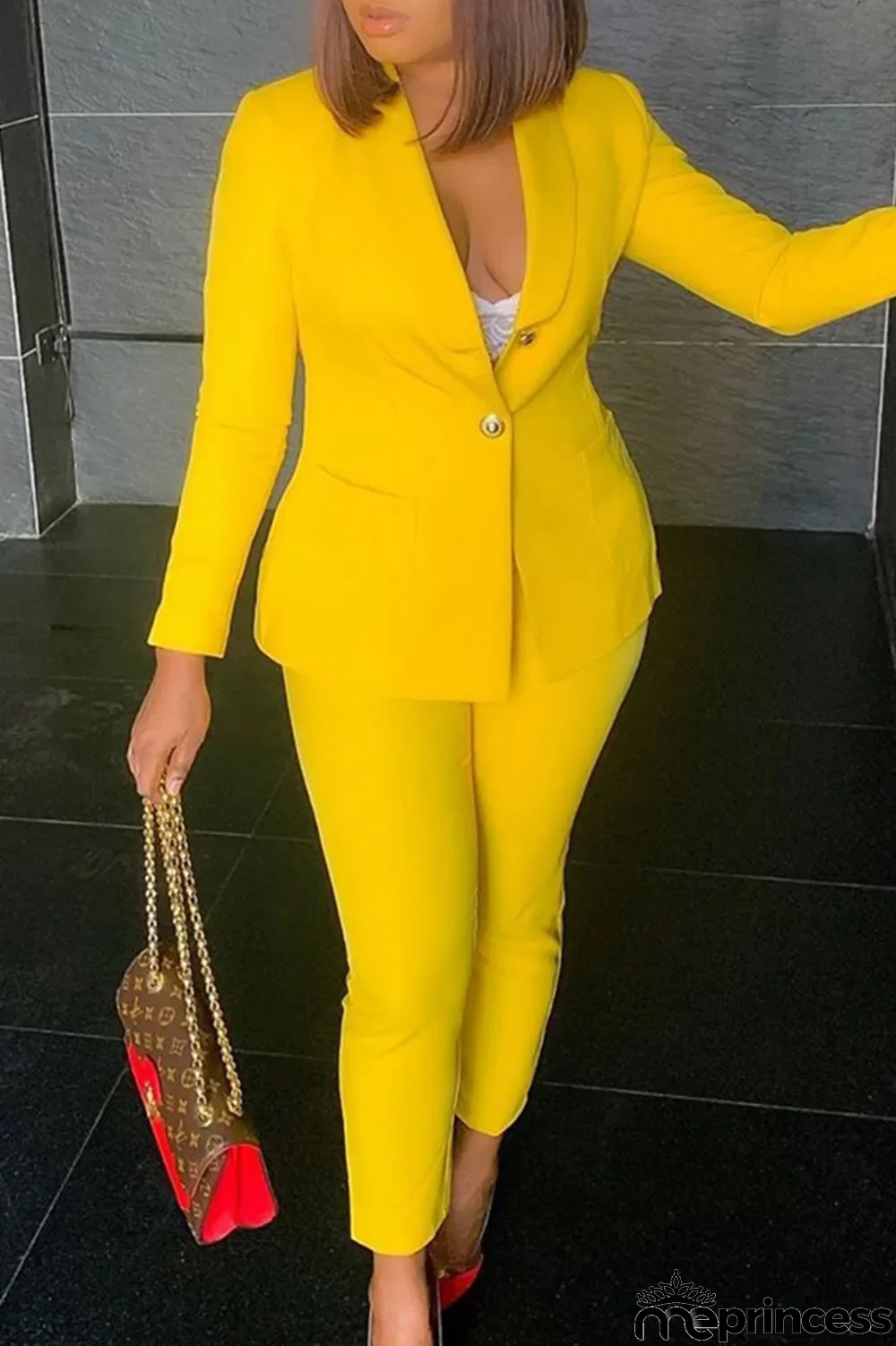 Yellow Fashion Casual Solid Cardigan Pants Turn-back Collar Long Sleeve Two Pieces