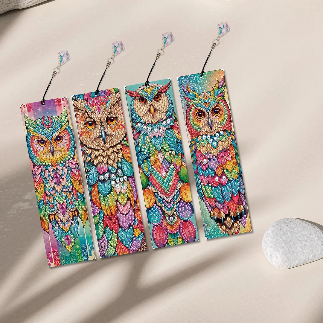 4Pcs Colorful Owl DIY Diamond Bookmark Art Projects Irregular Shaped Diamonds Diamond Painting Art Bookmarks with Crystal Pendants for DIY Making Beginners Adult Art Craft Supplies
