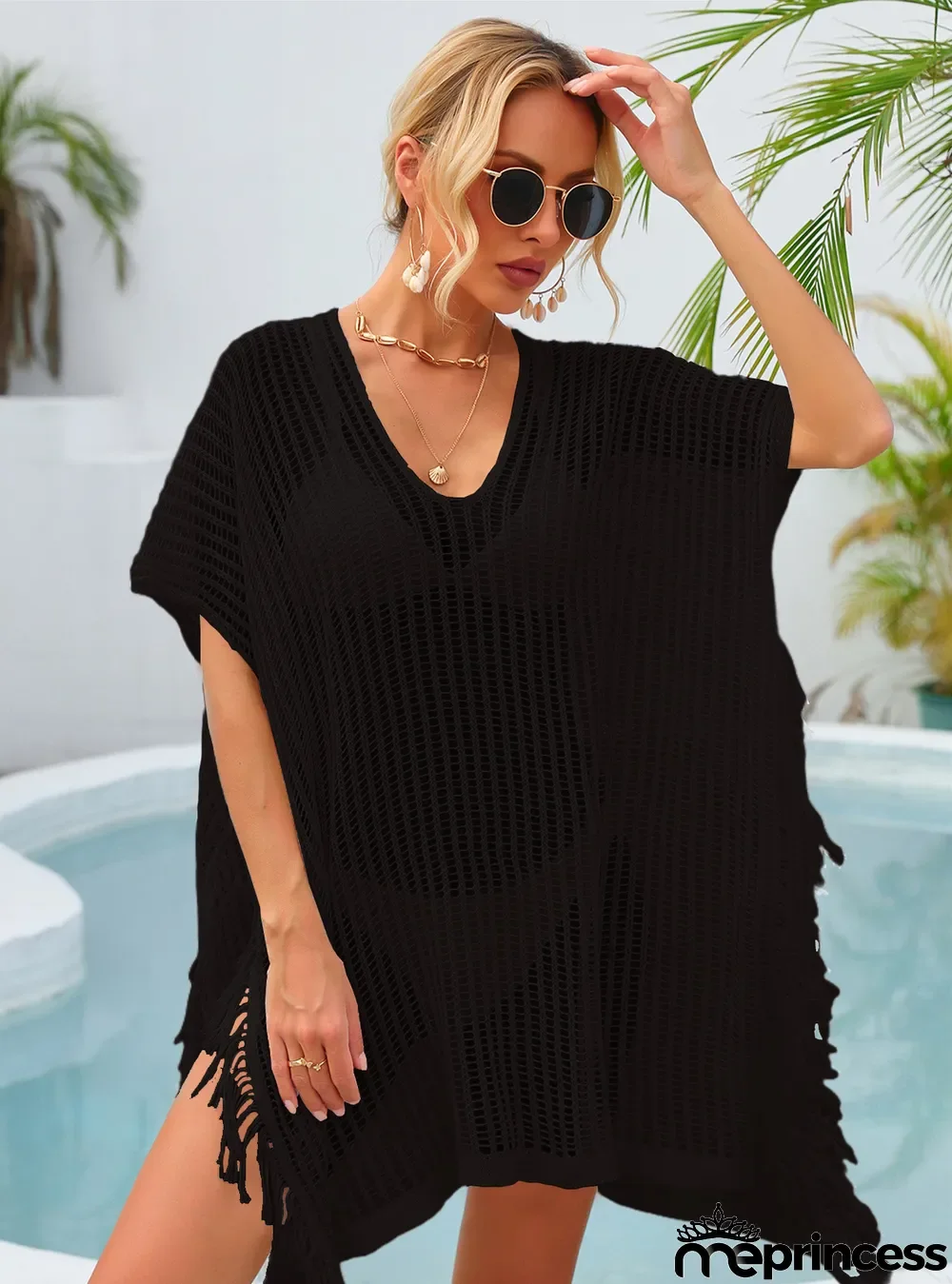 Summer Maxi V-neck Hollow Tassel Beach Suit Holidays Shirt Beach Sun Shield