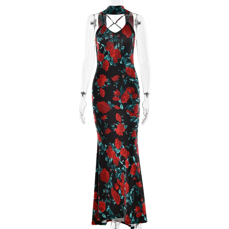 Sling Backless Deep V Printed Sexy Slim Fit Dress
