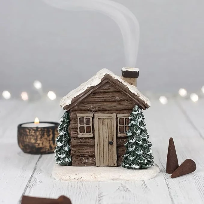 Log Cabin Snowy Winter Incense Cone Burner