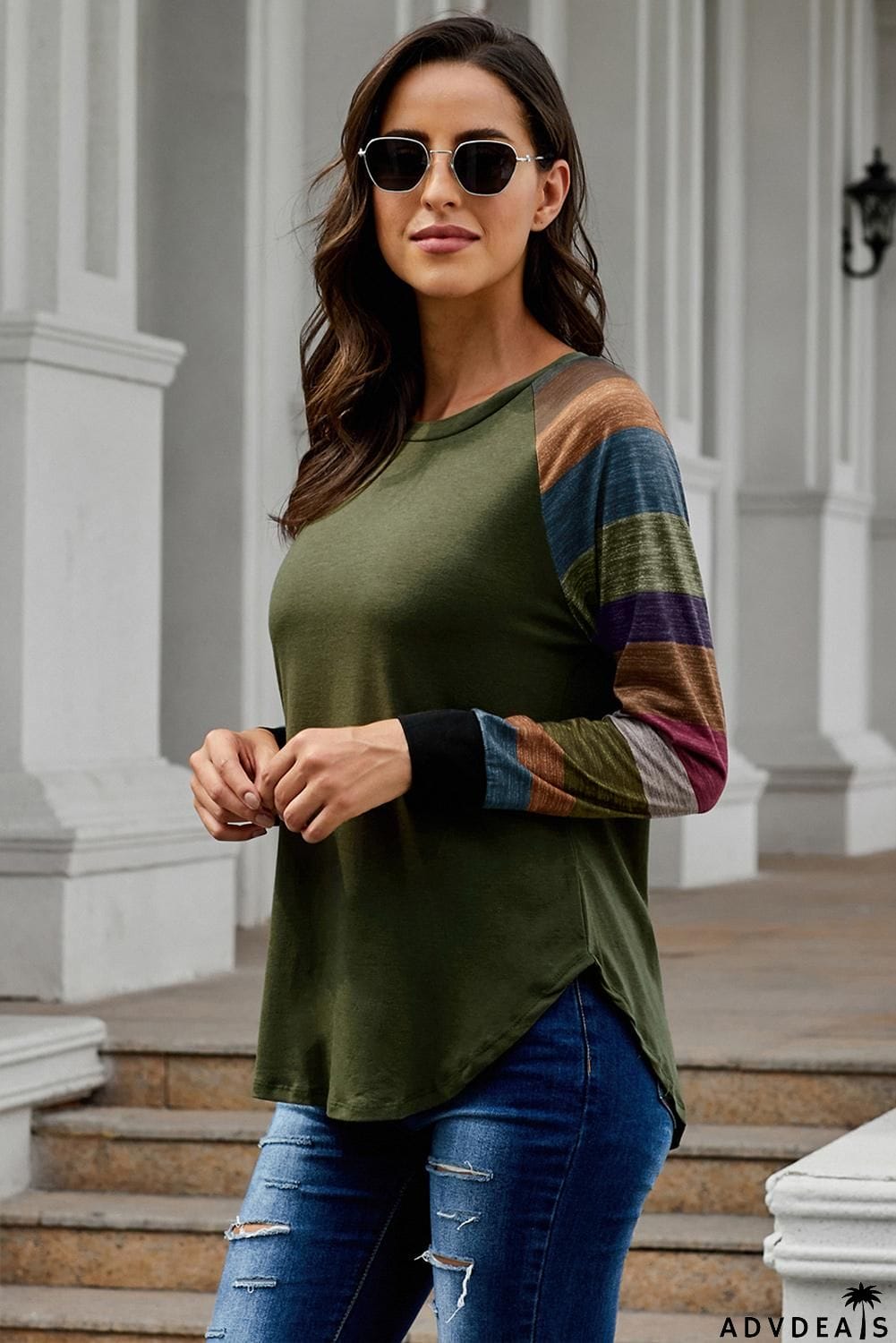Green Color Block Long Sleeves Pullover Top