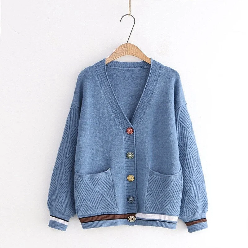 Single-breasted Cardigan Knitted Sweater Women Fashion Lazy Wind Loose Striped Pockets V-neck Long-sleeved Sweater Female Spring