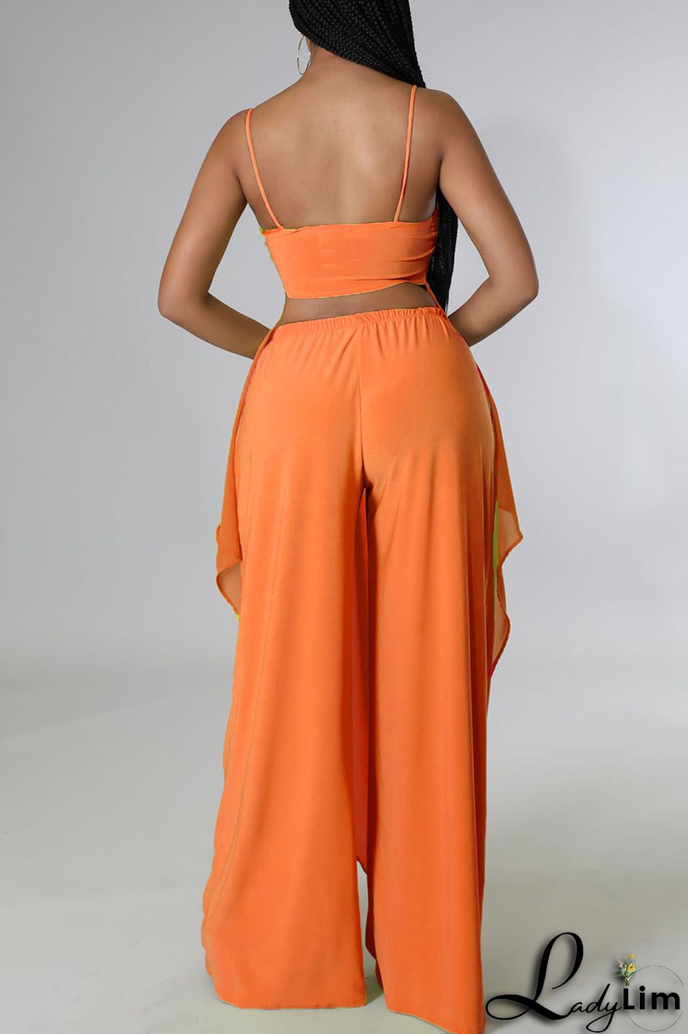 Tangerine Casual Solid Split Joint Asymmetrical Spaghetti Strap Sleeveless Two Pieces