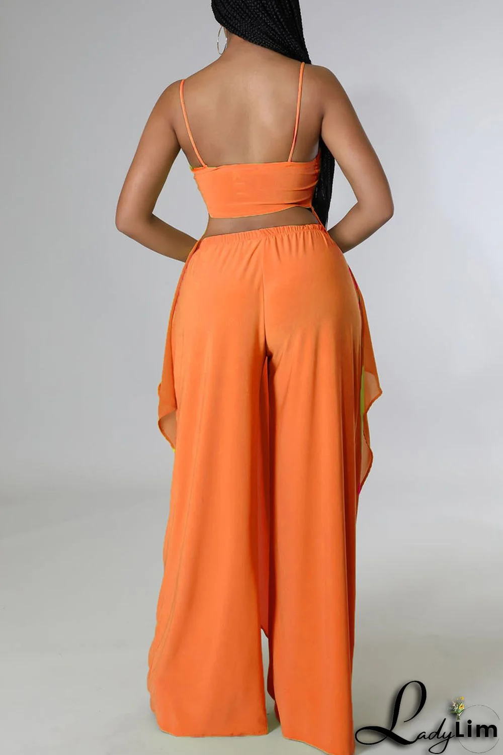 Tangerine Casual Solid Split Joint Asymmetrical Spaghetti Strap Sleeveless Two Pieces