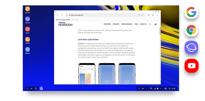 DeX interface with the browser open onscreen and four icons showing different ways to browse the web in DeX mode: Google, Google Chrome, Samsung Internet and YouTube.