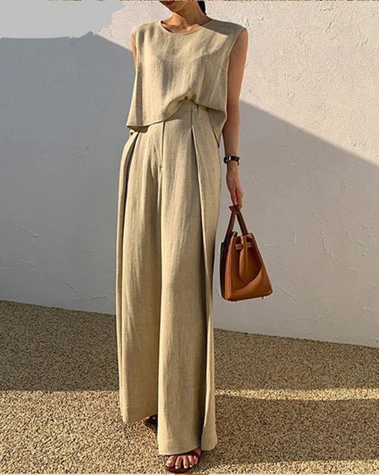 Sleeveless Top Loose Wide Leg Pants Suit