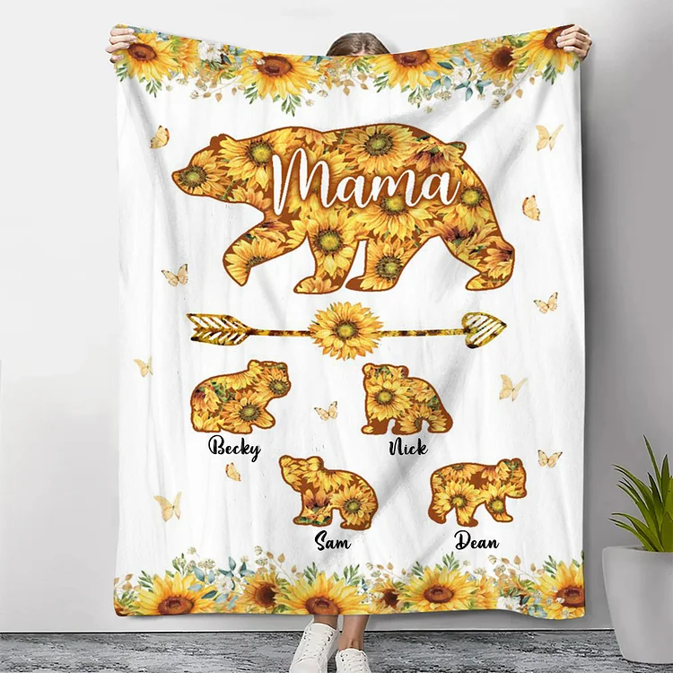 Personalised 4 Names Blanket Sunflowers Bears Family Blanket Mother's Day Gift for Mama