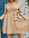 Urban Solid Color Pleated Bandage Notched Collar A-Line Long Sleeves Mini Dress