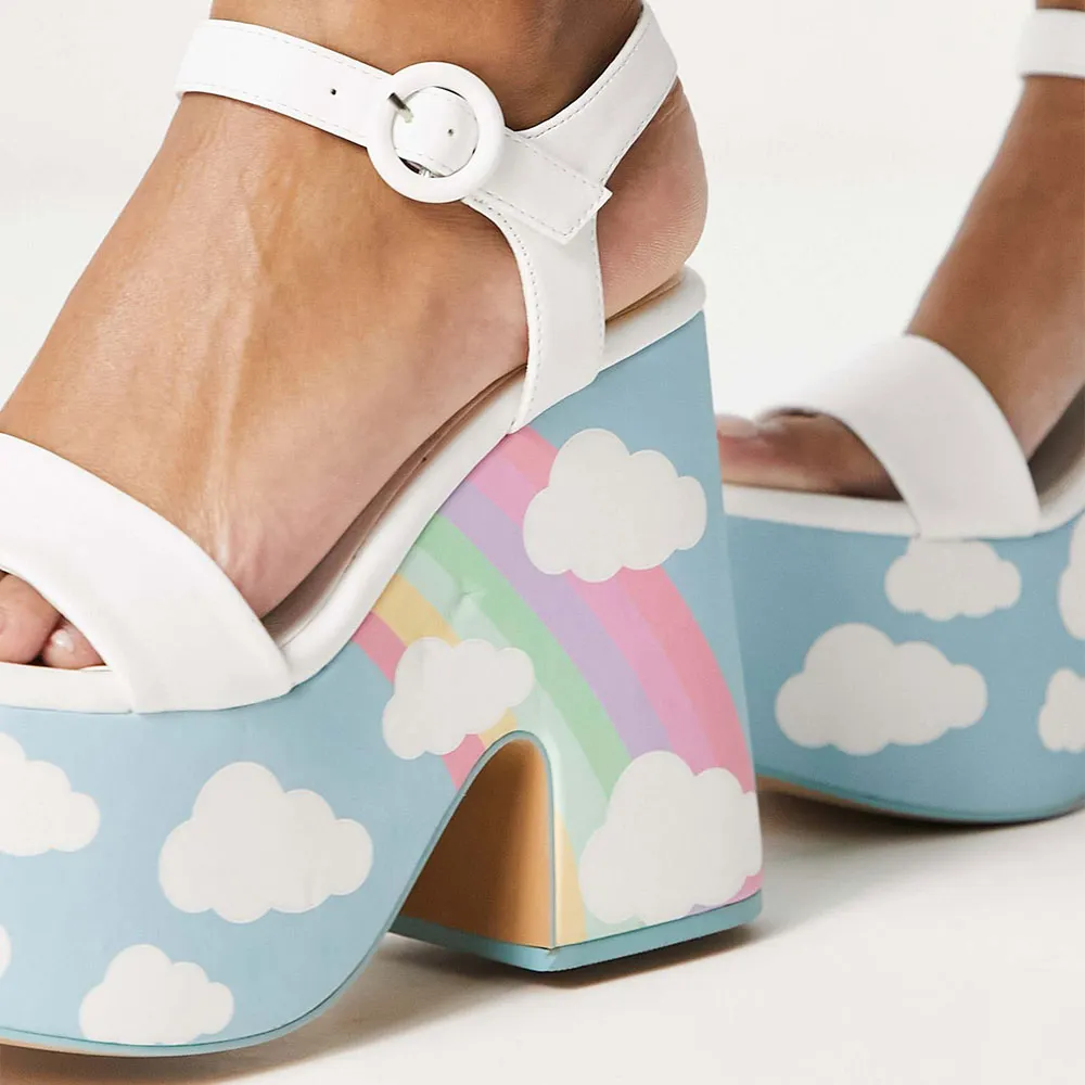White and Light Blue Cloud Print Open Toe Platform Sandals for Women