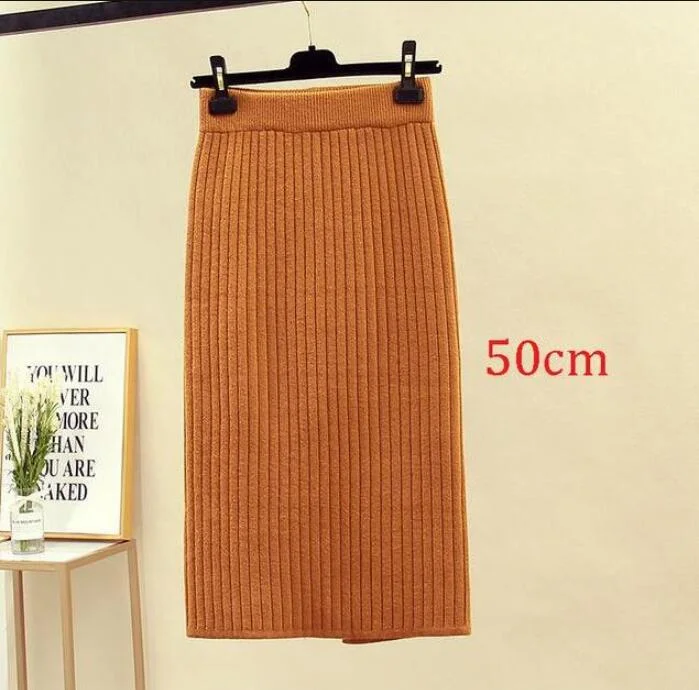 2020 Women's Spring Pencil Knitted Skirt High Waist Warm Elegant Knitting Ribbed Party Skirt Black Solid Ladies Office Skirts