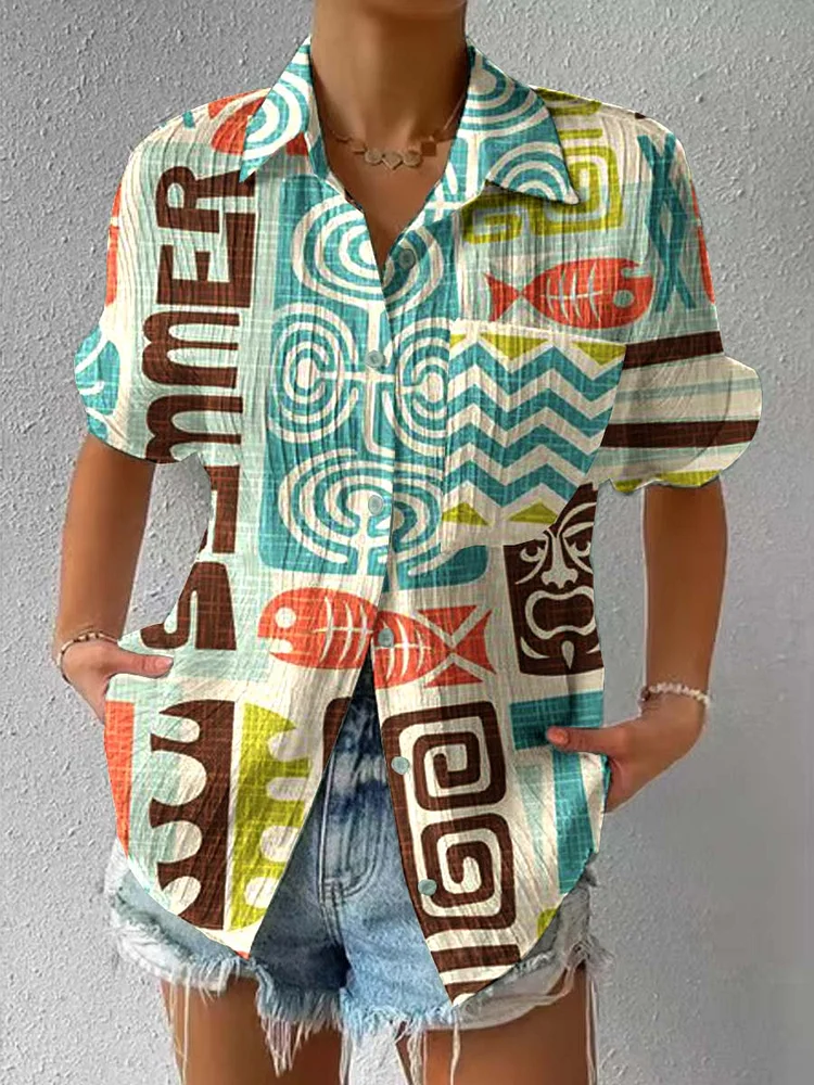 Womens Artistic Geometric Color Block Pattern Short-Sleeved Textured Shirt