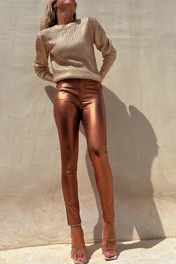 Sweet and Glitzy Metallic Color Pocket Faux Leather Stretch Pants
