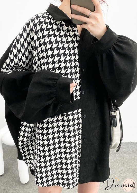 Plus Size Black Asymmetrical Button Patchwork Cotton Shirt Batwing Sleeve