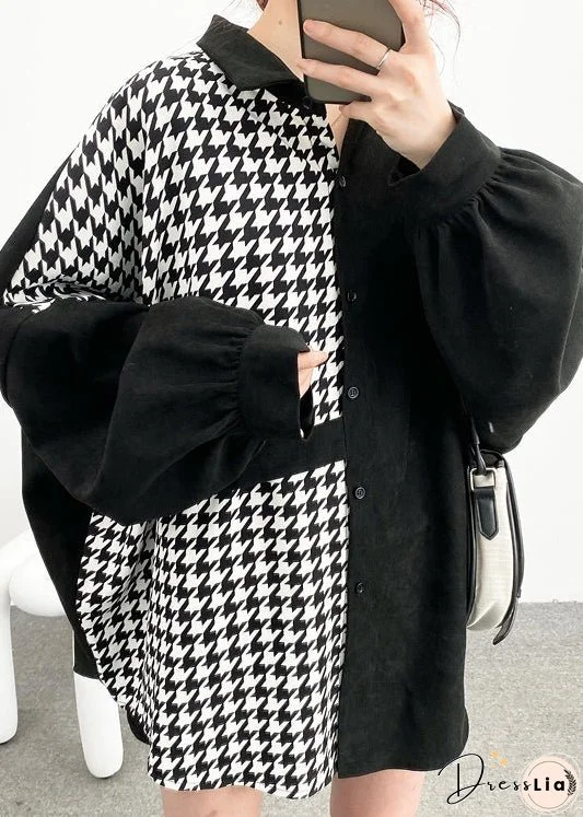 Plus Size Black Asymmetrical Button Patchwork Cotton Shirt Batwing Sleeve