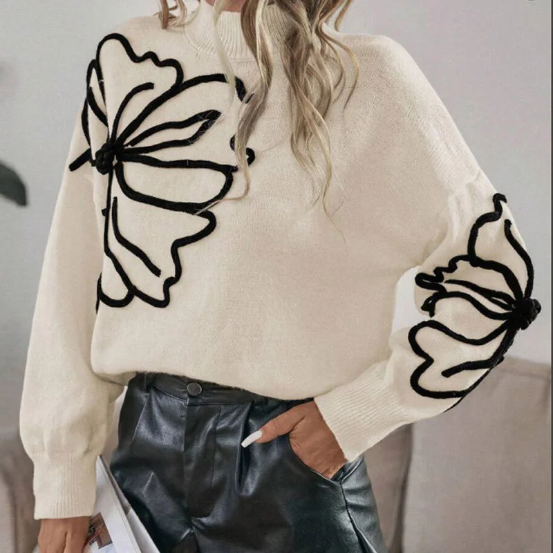 Athvotar Athvotar And Winter New Sweater Embroidered Three-Dimensional Flowers High-Neck Long-Sleeved Knitwear
