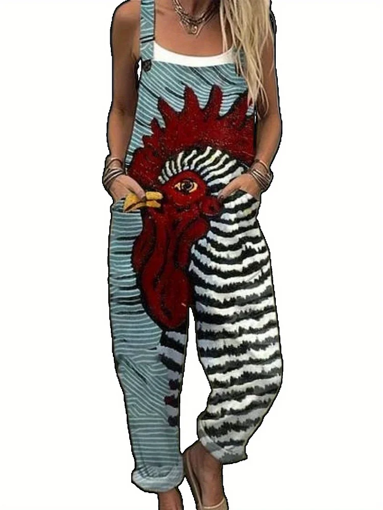 2025 Spring And Summer New Women's Cute Fresh Flowers And Animals Printed Casual Comfortable Back With Wide Leg Jumpsuit
