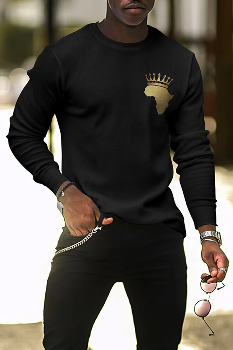 Men's African Leisure Print Black Long Sleeve T-Shirt