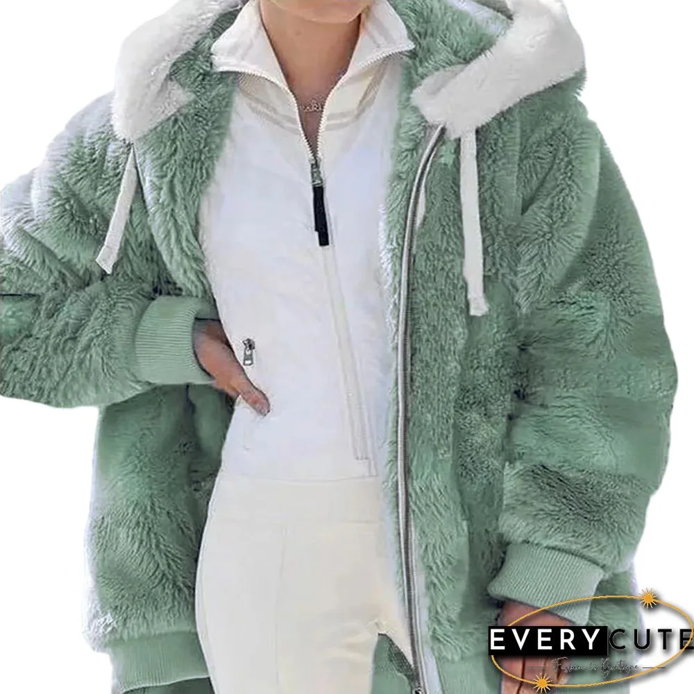 Light Green Fluffy Plush Zipper Hoodie Coat