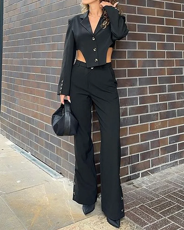 Solid Color Irregular Suit & Buttoned Casual Pants Two-piece Set